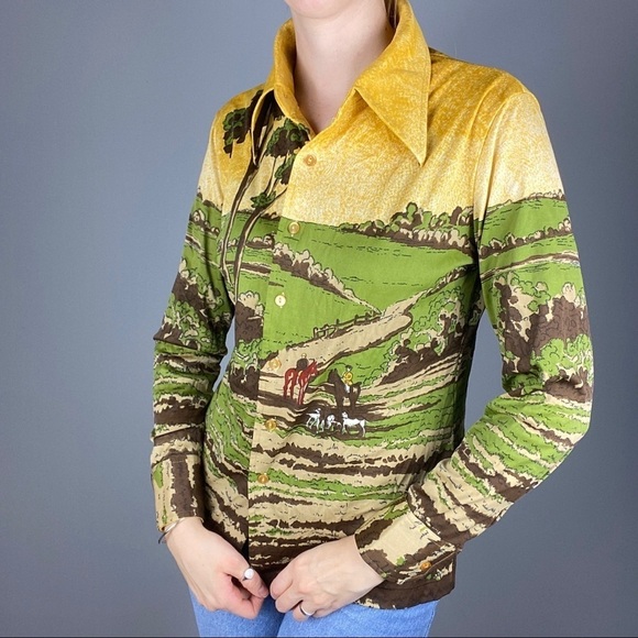 1970s Dagger disco collar button down long sleeve shirt. Novelty print - Picture 5 of 9